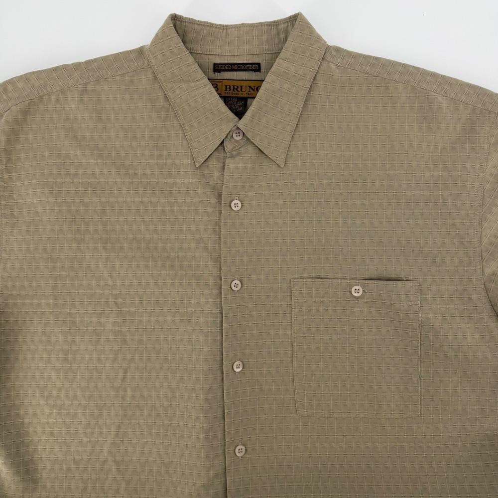 Bruno Mens XL Sueded Microfiber Short Sleeve Button Up Shirt Olive Green Khaki